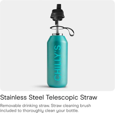Chilly's Series 2 Flip Bottle - Thermos Flask with Sport Cap, Telescopic Straw, and Nylon Carry Loop - Stainless Steel Bottle with Easy Flip Opening, Includes Straw Cleaning Brush (Atlantis, 1000ml)