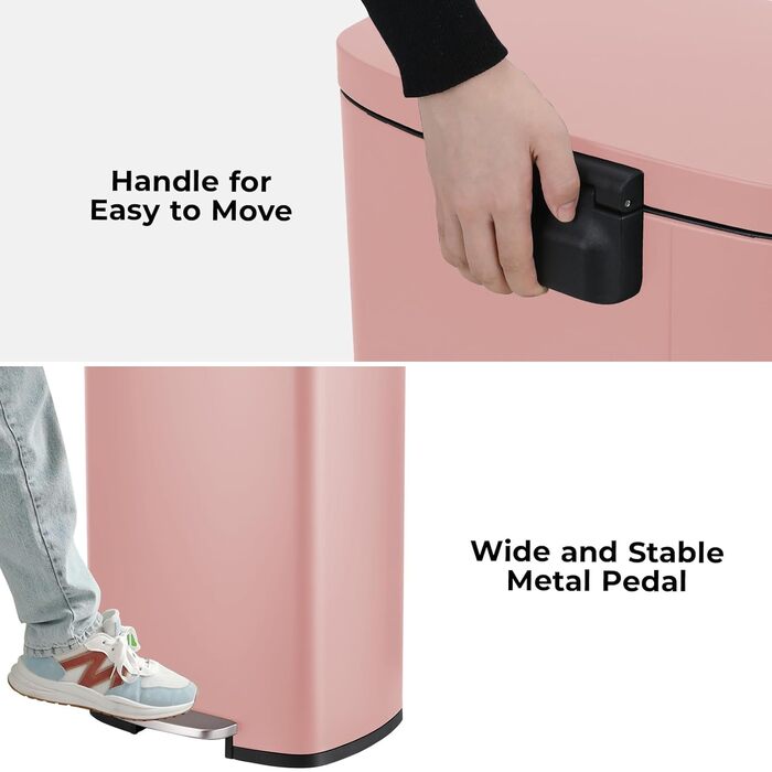 Відро для сміття LIFERUN 30л з кришкою, м'яким закриттям, з внутрішнім відром, сталеве, для кухні, ванної кімнати, офісу, рожеве