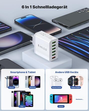 Зарядний пристрій USB 6-портовий, 33W, адаптер з QC 3.0, зарядний пристрій з декількома USB, мережевий адаптер для iPhone 16 15 14 13 12 11 Pro Max, iPad, смартфонів, білий