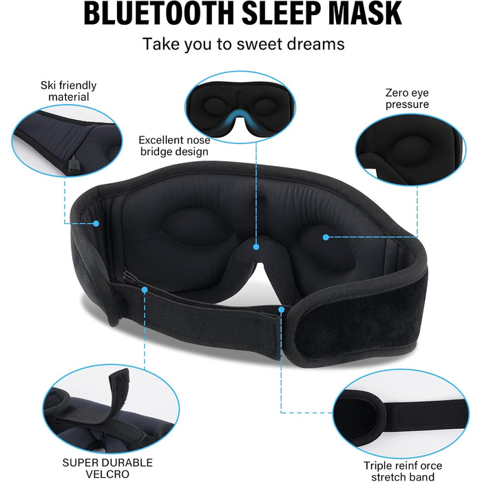 Маска для сну з Bluetooth-навушниками, 3D маска для сну, бездротова музична маска для сну для тих, хто спить на боці/спині, чорний колір