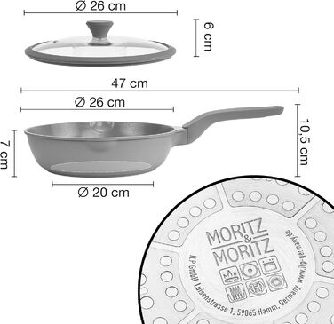 Сковорода Moritz & Moritz 26 см з кришкою, антипригарне покриття, Soft-Touch ручка, для смаження, тушкування, варіння на пару, підходить для всіх типів плит (сіра)