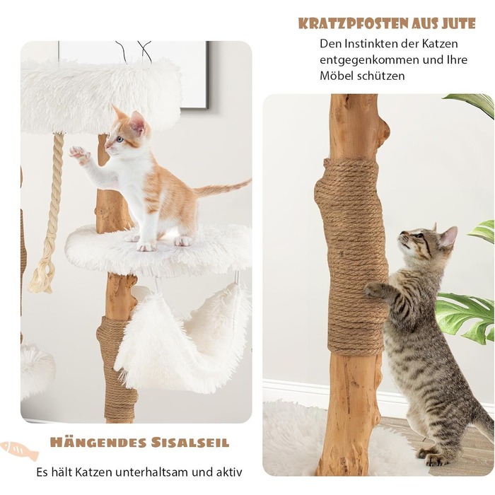 Дерев'яна кігтеточка SOARS для котів з 3-ма природними стовбурами, ліжко та плюшеві поверхні, з іграшковим м'ячиком та джутовим мотузком, багатоярусна, 59 x 49 x 110 см, білий колір