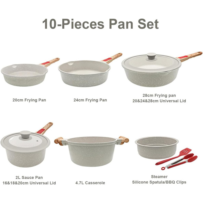 Набір посуду AIKENBBKK 10 предметів: сковороди з кришкою 20, 24, 28 см, каструля з ручкою 18 см + пароварка, каструля 4.7 л, антипригарне покриття, знімний ручка (білий)