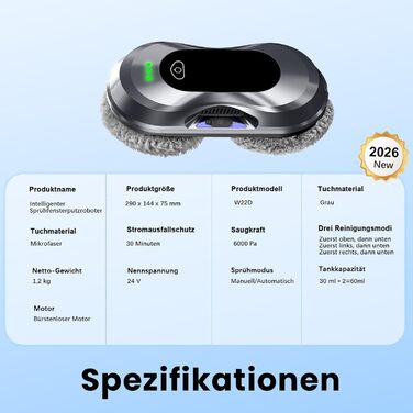 Робот для миття вікон Fensterputzroboter 2026, 6000Pa, розпилення, <65дБ, безпека, навігація, 10 серветок, для вікон/плитки, фіолетовий