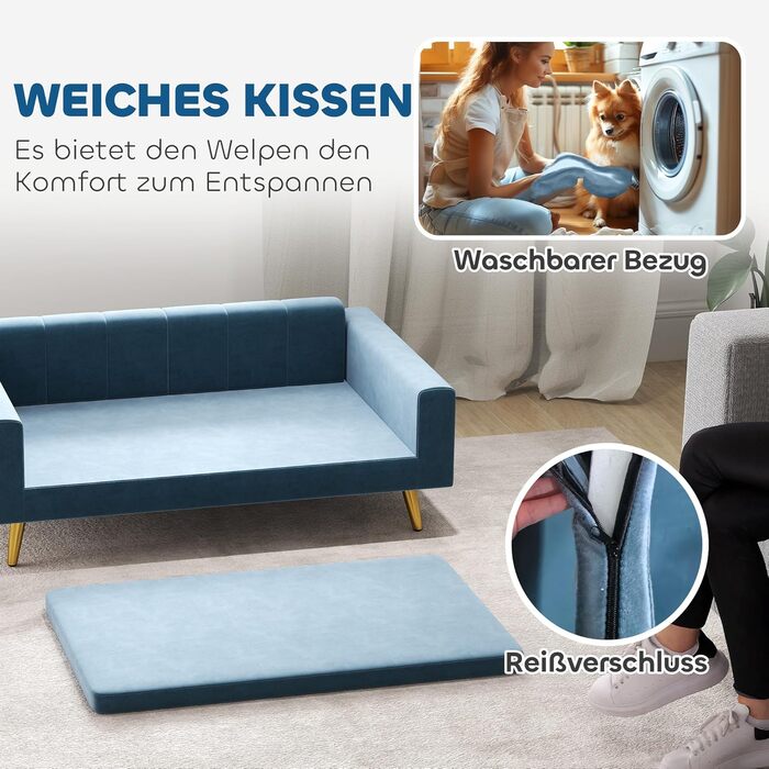 PawHut Софа для собак, лежанка для собак, м'яка з велюру, 94 x 59,5 x 31,5 см, скандинавський дизайн, на ніжках, з подушкою, нержавіюча сталь, блакитна