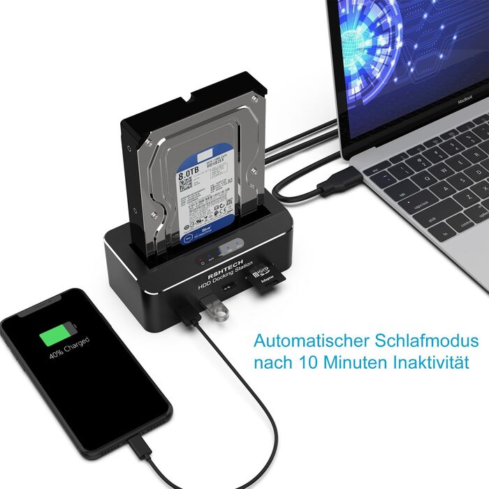 Док-станція для жорстких дисків RSHTECH Aluminium USB 3.0, 24TB, RSH-DS01, один слот + картридер SD/TF