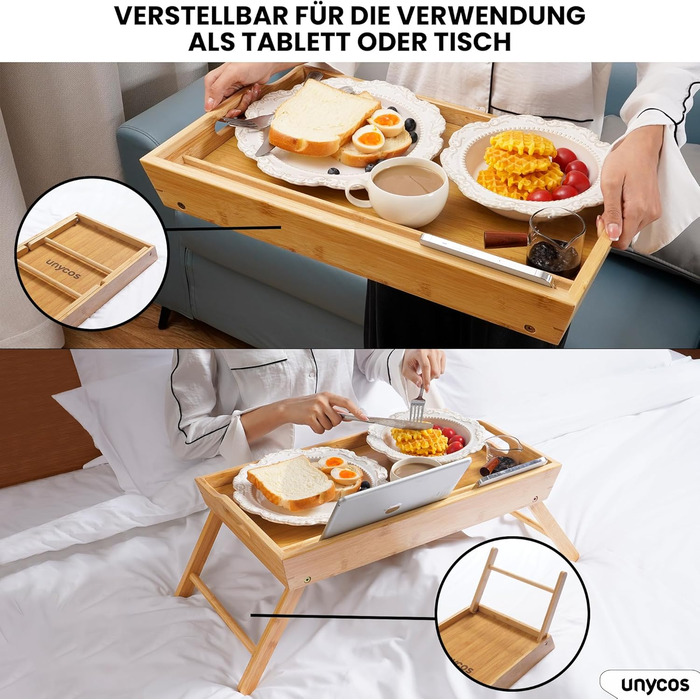 Складаний столик для ноутбука Unycos з бамбука 55x35x24.8 см, для ліжка, дивану, з високим бортиком, ручками, вологостійкий