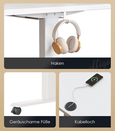 Регульований стіл OffiGo 160x70 см, електричний, з USB, 2 пам'яті, для офісу та дому, білий