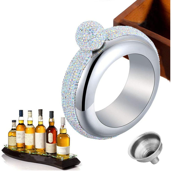 Набір флакон-термос Qingo з браслетом та перснями, 100 мл, нержавіюча сталь, чорний з кришкою зі стразами