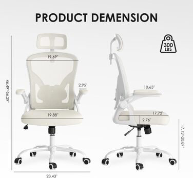 Ергономічне крісло Farini з регулюванням висоти, для офісу та дому, з підголівником, 150 кг, на роликах (білий)