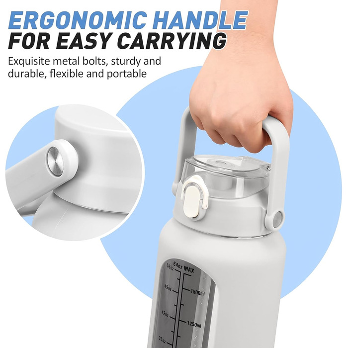 2L Glass Water Bottle with 2 Lids Flip and Tumble Lid 2 Liter Large Water Jug with Time Marker and Silicone Sleeve BPA-Free Leak-Proof for Sports Gym, (White)