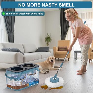 Набір для миття підлоги з віджимом, 4-камерний, з 8 змінних насадок (синьо-сірий)