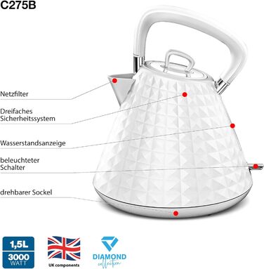 Eldom VENO Retro Electric Kettle - 1.5L Capacity, 3000W, Vintage Design with Grid Pattern, Quick Boil, Removable Scale Filter - White Deluxe