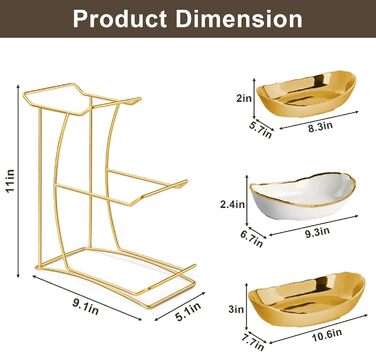 Керамічна фруктова ваза на стільницю, 3-ярусна, з металевим каркасом, золота