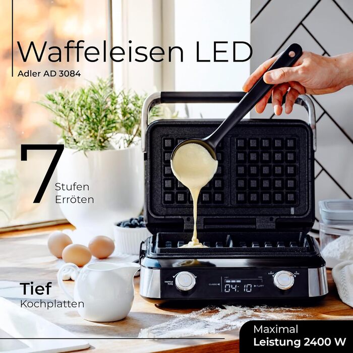 Вафельниця Adler Belgische Waffel – електрична вафельниця з LCD-дисплеєм, 2400W, 5 програм, 7 рівнів підсмажування, глибокі нагрівальні пластини 12x13x2 см