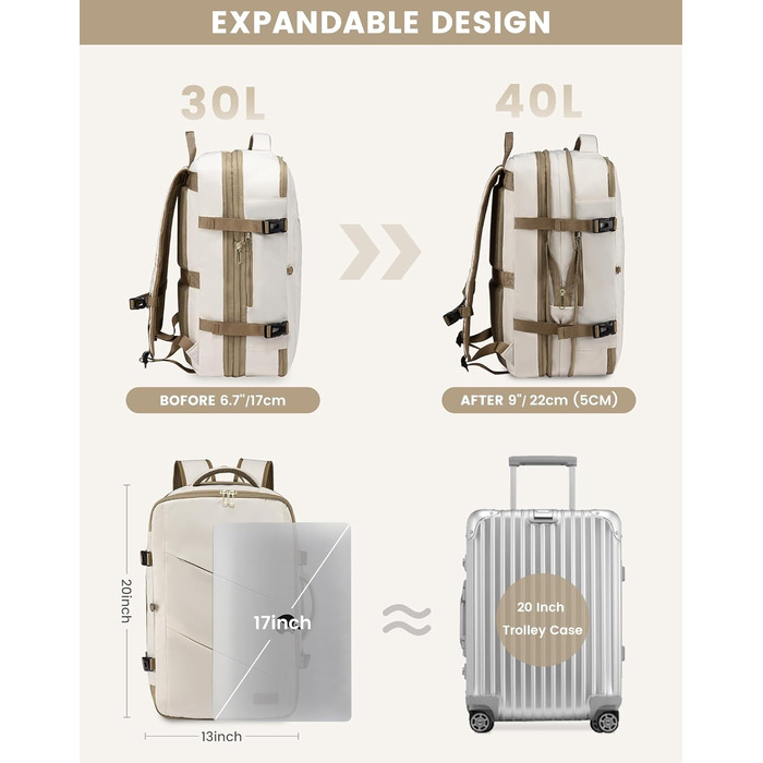 LOVEVOOK Рюкзак для ручної поклажі 30-40L, розширюваний, для ноутбука 17 дюймів, чорний, антикрадійний, чоловічий/жіночий