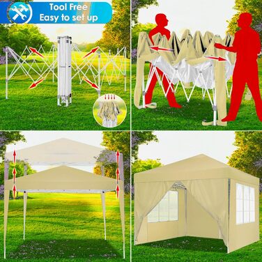 COBIZI Pavilion - Waterproof, Stable, Winter-Proof, Foldable, Pop-Up Gazebo/Party Tent for Beach, Wedding, Garden - with 4 Side Panels, UV Protection 50+, Adjustable Height (Khaki, 3x3m)