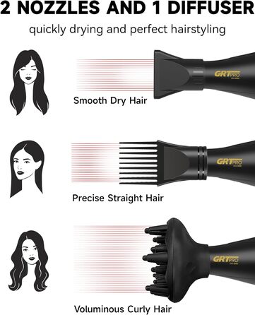 Професійний фен з іонізацією 2400W з AC-двигуном, з насадкою-дифузором, 40 млн негативних іонів, 3 режими температури, 2 швидкості, для салону краси та дому, чорний