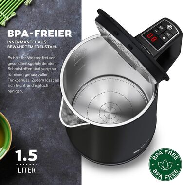 Balter Stainless Steel Electric Kettle with Temperature Control - 40°C to 100°C, Double Wall, BPA Free, 1.7L, 2200W, Quiet Kettle (D. Black)