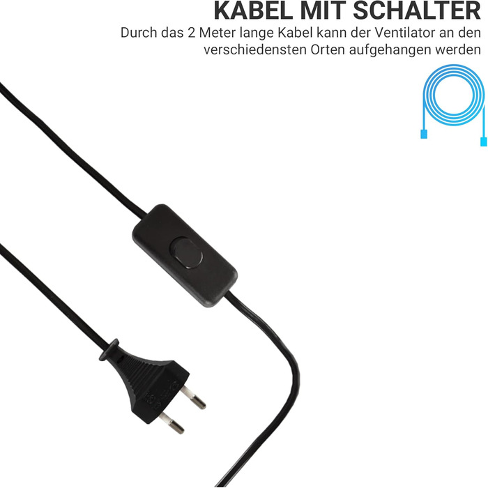 Стелянний вентилятор Bestlivings з кабелем 5м, Ø40 см, білий, з вимикачем, 220V, 5W