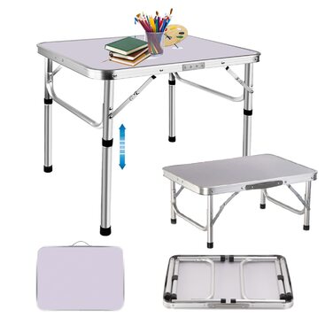 Складаний стіл для дітей 60 см, регульована висота, алюміній, для кемпінгу, саду, пікніка, грилю, подорожей (MDF стільниця, білий)