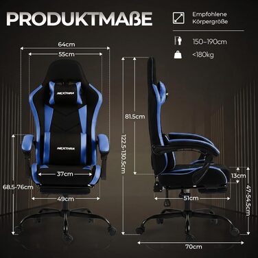 Геймерське крісло Nexthra Ergonomisch з підставкою для ніг, до 180 кг, блакитне. Офісне крісло для геймінгу та роботи, з регульованою спинкою 150°