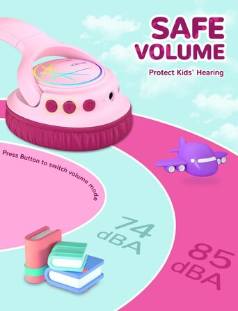 iClever Дитячі навушники Bluetooth з LED-підсвічуванням, обмеження гучності 74/85 дБ, 43 години роботи, стерео звук, Type-C, AUX-кабель, Bluetooth 5.3, для планшетів/подорожей, рожеві