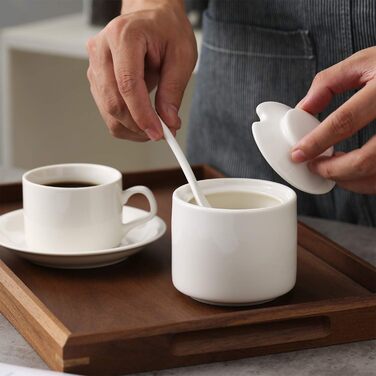 Porcelain sugar bowl and cream pitcher set, 3 pieces, spoon, sugar bowl with lid, cream-colored (white)