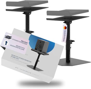 Надійні підставки для акустики зі звукопоглиначем – міцні, регульовані +/-20°, вантажопідйомність до 28 кг – ідеально для столу, студії або DJ-стілу