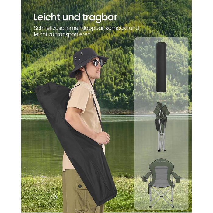 Кемпінговий стілець SONGMICS складаний, зелено-сірий, з підсклянником, тримачем для телефону та органайзером GCB005BH0