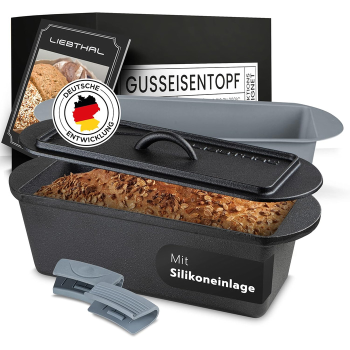LIEBTHAL Loaf Pan with Lid - Precision-Fitting Non-Stick Silicone Insert - Pre-Seasoned Cast Iron Pot 3.5 L - Casserole Dish for Baking, Roasting, and Braising