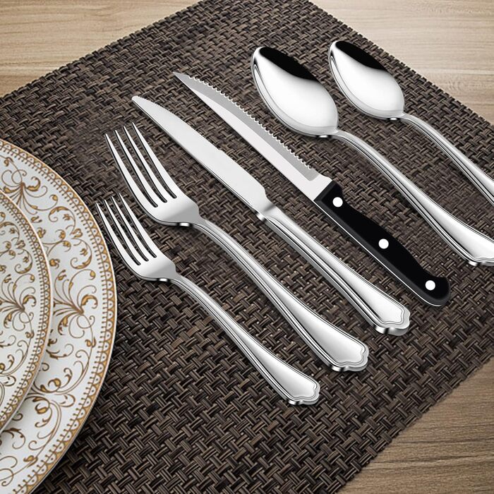 Herogo Cutlery Set for 6 People, 36-Piece Stainless Steel Cutlery Set with Steak Knives, Polished Eating Cutlery Set with Fork, Knife, Spoon for Home Restaurant, Dishwasher Safe (Modern)