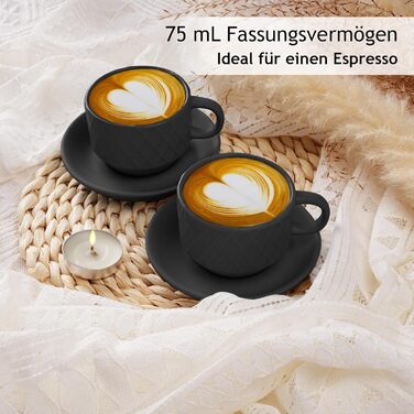 MIAMI – 6 x 75 ml Espresso Cups/Espresso Cup Set with Stand Stoneware Ceramic - Palmanova Collection (Black)