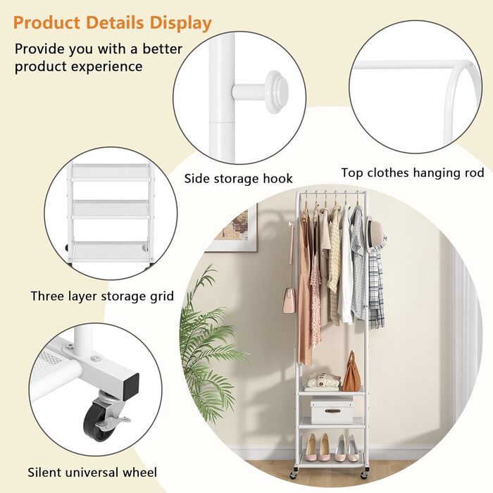 Robust clothes rack with wheels, modern clothes rack with 3 metal shelves, 180 cm display rack for hanging clothes, garment rack for small spaces, (White/Opulent Garden)