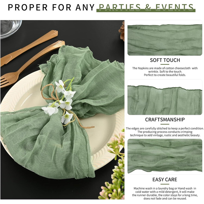 Set of 40 Gauze Cloth Napkins, Crinkled Dinner Napkins, Salvia Green, Rustic Boho Napkins, Soft Cotton, Table Napkins, Decorative Fabric Napkins for Wedding, Party
