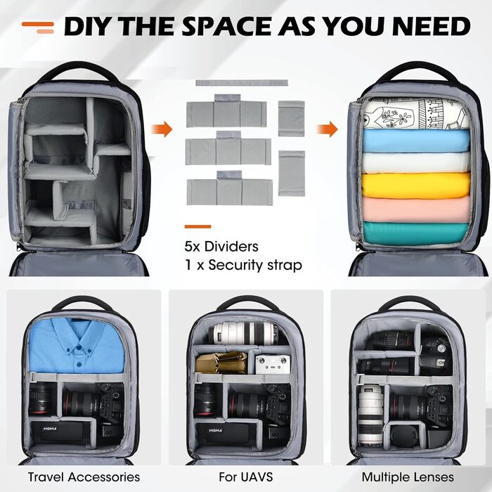 Рюкзак для фотокамери RAINSMORE – великий рюкзак для фотокамери, сумісний з Nikon, Canon, Sony, з відділенням для ноутбука 15.6 дюймів, чорний