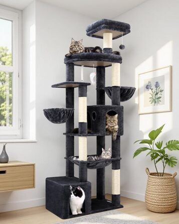 Драбина для котів Globlazer XXL 193 см з будиночком, гамаком, платформами та іграшками. Стабільна для 3-5 котів. Сірий колір.