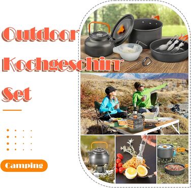 Набір кухонного посуду для кемпінгу, 10 предметів. Набір посуду для приготування їжі на відкритому повітрі, для 2-4 осіб. Плита, сковорода, чайник для пікніків, BBQ та походів