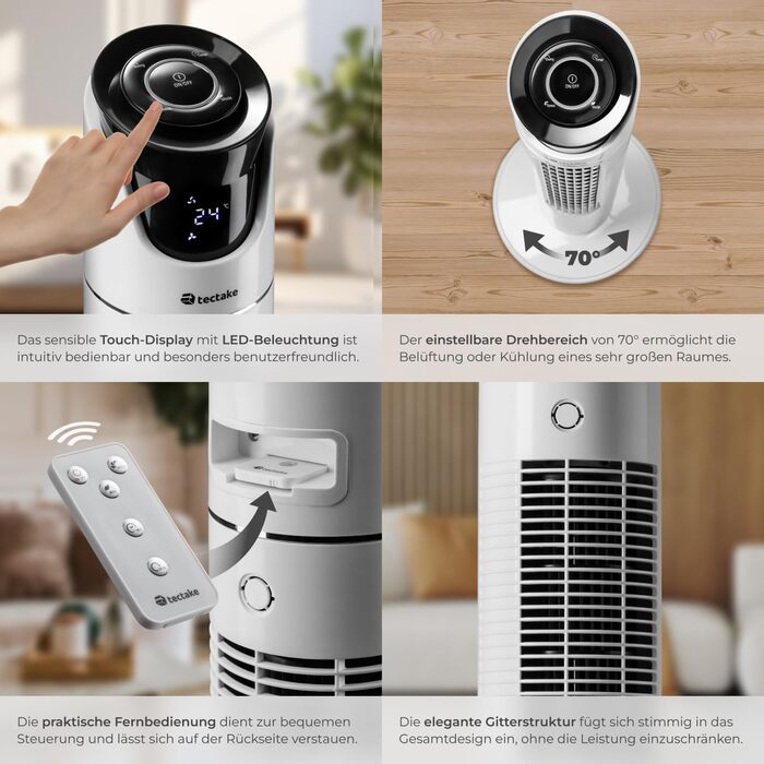 Турбо вентилятор Tectake з пультом дистанційного керування та таймером, тихий вентилятор-вежа, мобільний кондиціонер, 3 швидкості, 31 x 110 см