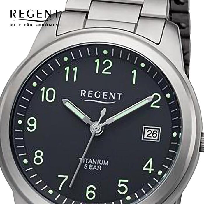 Чоловічий годинник REGENT з титановим браслетом та корпусом 36 мм, кварцовий, арабські цифри, дата, сріблястий колір