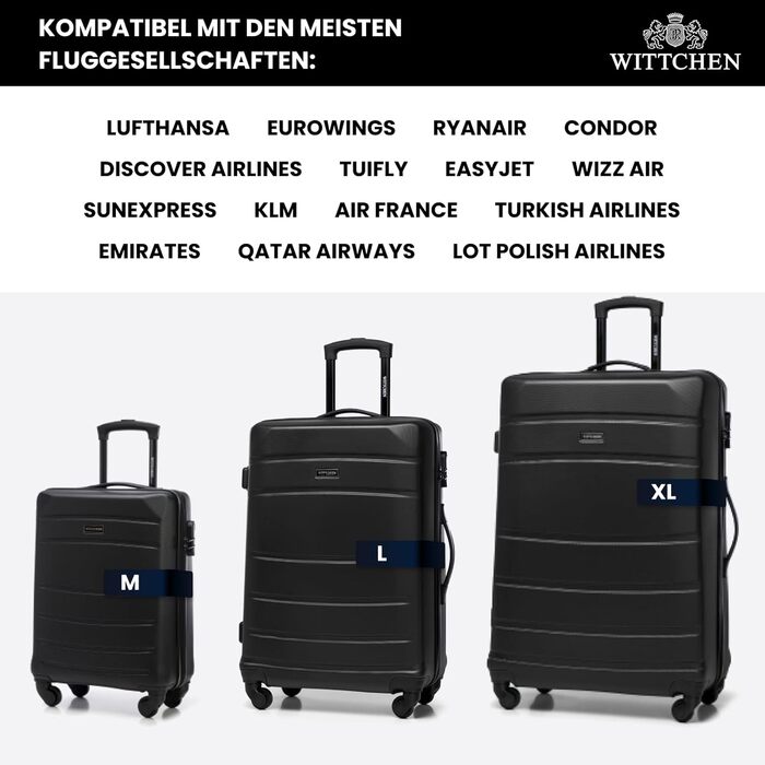 Набір валізWITTCHEN Globe Line: 4 валізи (великий, середній, маленький, ручна поклажа) з ABS-пластику, 4 колеса, кодовий замок, телескопічна ручка, чорний колір. Підходить для Lufthansa, Eurowings, Ryanair, Condor, Discover Airlines