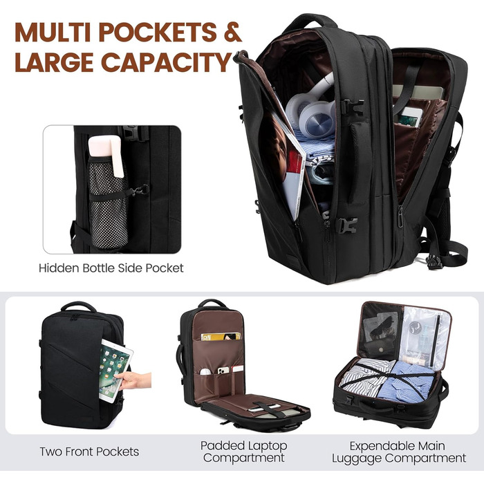 Рюкзак LOVEVOOK 30-40L для подорожей, чорний, з відділенням для ноутбука 17.3 дюйма, антикрадійний, ручна поклажа, розширюваний
