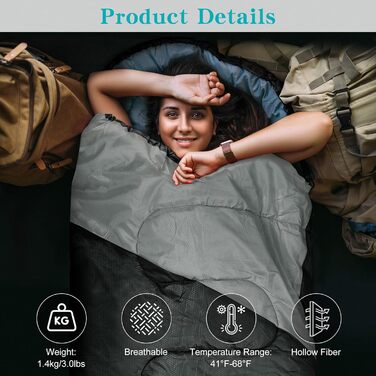 Yarmiene 3-4 Season Sleeping Bag - Adult & Kids Outdoor Sleeping Bag - Warm & Rectangular for Camping & Hiking (Black+Gray)