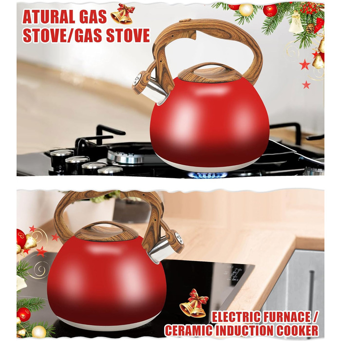 Чайник-свисток Foedo з нержавіючої сталі з дерев'яною ручкою, 3.2 л, градієнт червоного кольору, для чаю, кави та молока, класичний дизайн