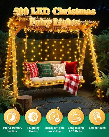 Гірлянда на Хелловін для вулиці, 300 LED, з функцією пам'яті та таймером, 8 режимів освітлення, вологостійка, 50 метрів, тепле світло