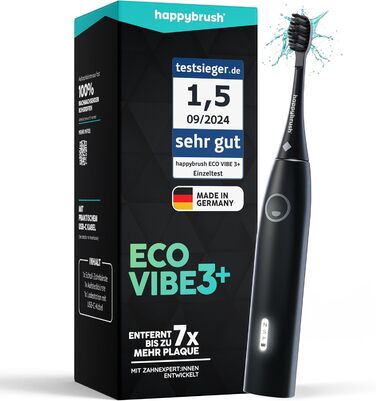 Електрична звукова зубна щітка happybrush® Eco Vibe 3 - Тест-переможець - 100 днів тестування. В комплекті 4 насадки. Чорний колір.