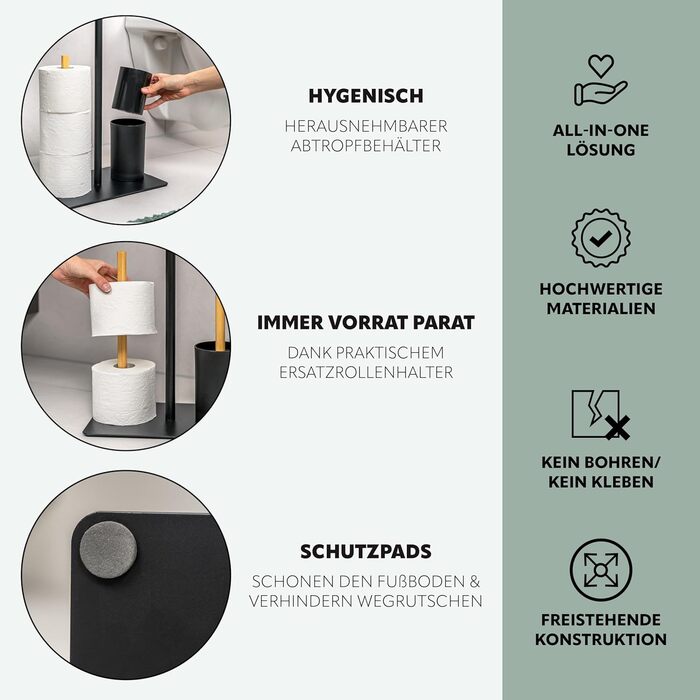 Набір для туалету Eluno Stand-WC 4в1: щітка, тримач туалетного паперу, полиця, бамбук/метал (білий/чорний)