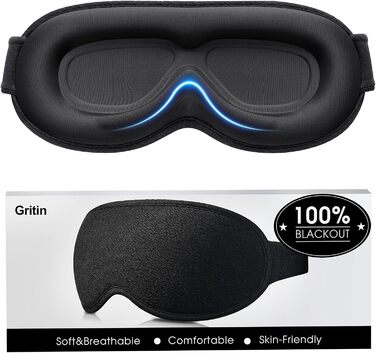 Маска для сну Gritin 3D для тих, хто спить на боці, дихаюча, з регульованою гумкою, блокує світло, зручна та ергономічна, для чоловіків та жінок, 2 пари вушних затичок, чорний