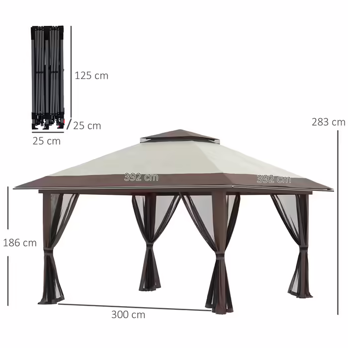 Outsunny Folding Gazebo 4x4m Garden Gazebo Adjustable Height with UV Protection & Mosquito Curtains, Double Roof in Beige for Garden Parties