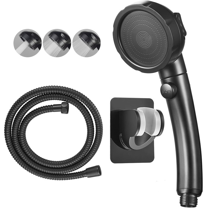 KAIYING Drill-Free High-Pressure Handheld Showerhead with ON/OFF Pause Switch, 3 Spray Modes, Water-Saving Showerhead, Detachable Puppy Shower Accessory (M: Showerhead + Holder + Hose) (Black)